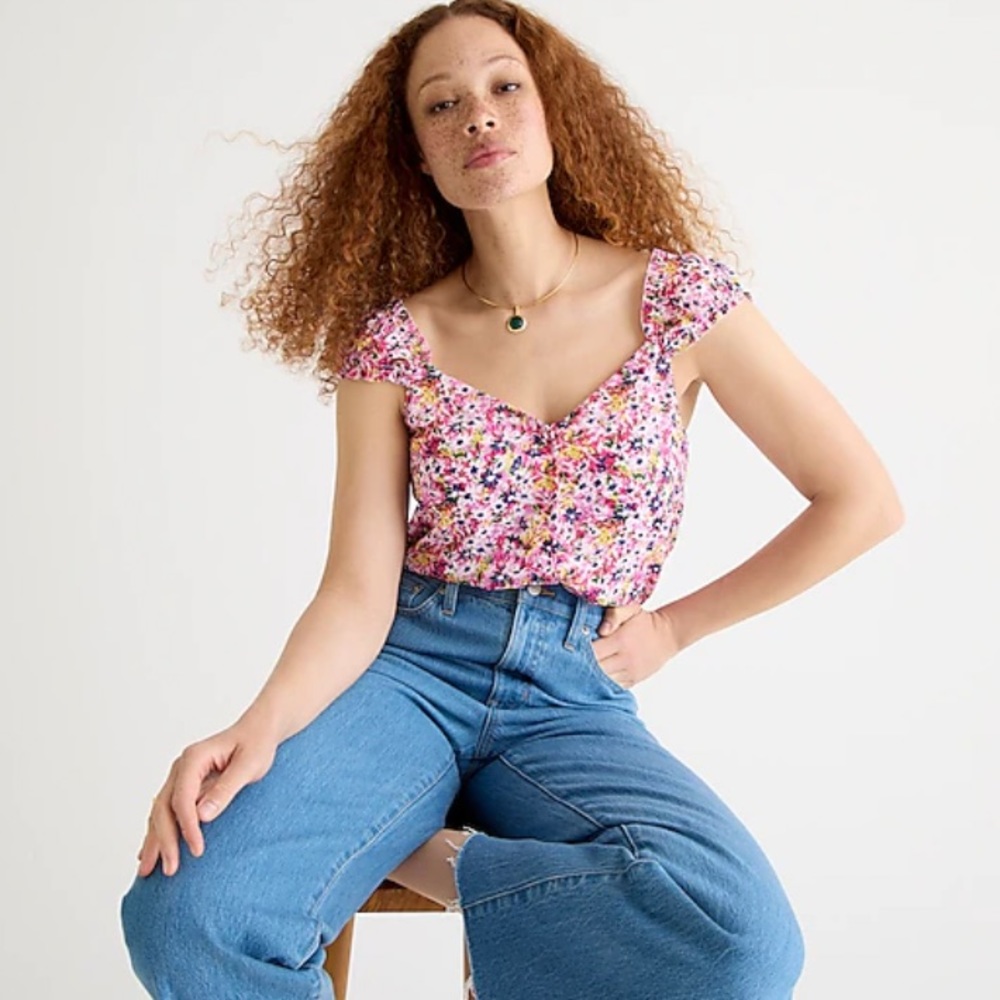 J. Crew NWT Cap-Sleeve Crinkle Chiffon Top‎ in Floral Fields